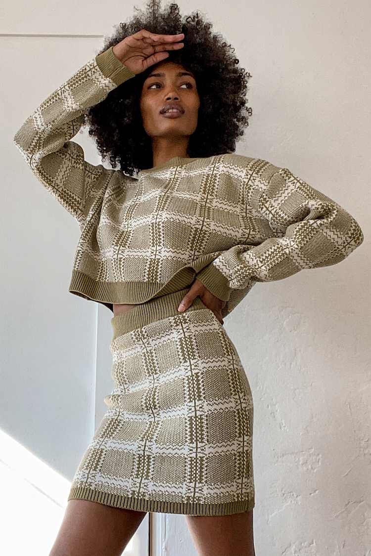 Best Match Green Plaid Two-Piece Long Sleeve Sweater Dress