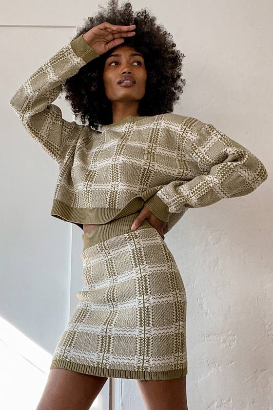 Best Match Green Plaid Two-Piece Long Sleeve Sweater Dress 9