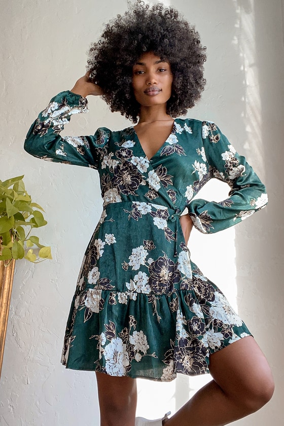 green satin floral dress