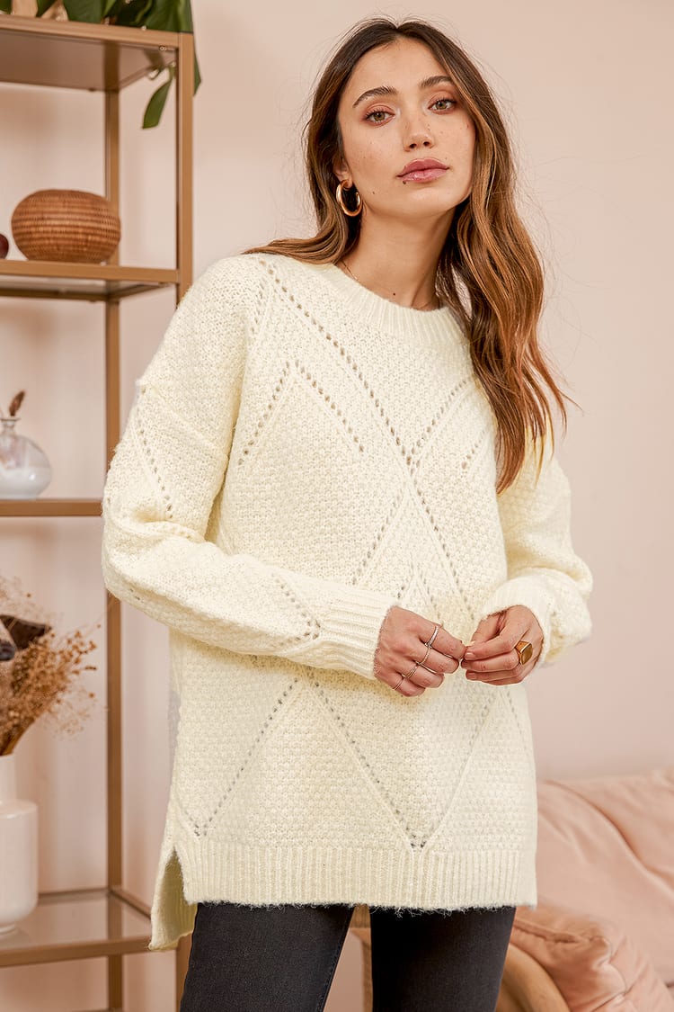 Keep Cozy Ivory Pointelle Knit Oversized Sweater