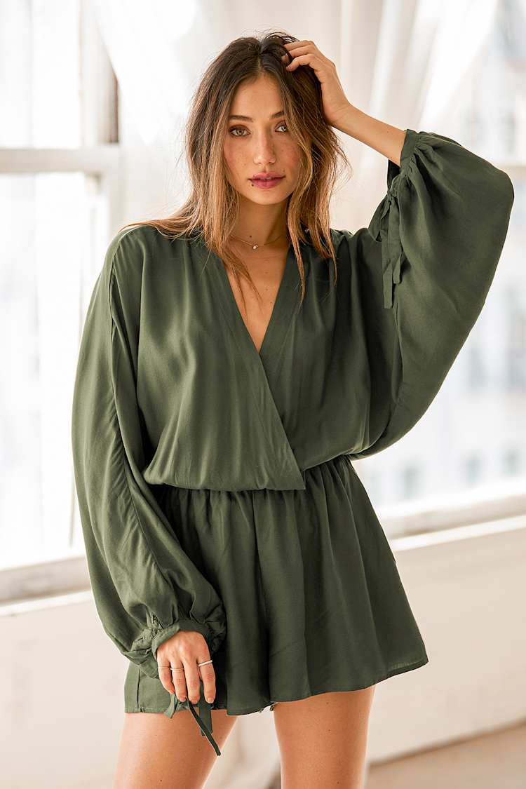 Every Day's an Adventure Olive Green Long Sleeve Romper