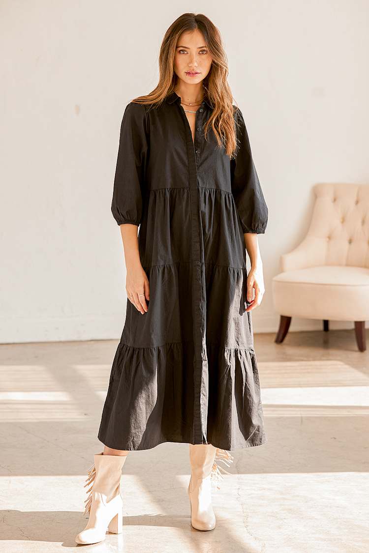 knee length dresses for ladies Looking For You Black Tiered Midi Dress – Shop the Mint