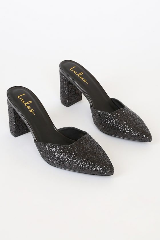 black sparkly mules