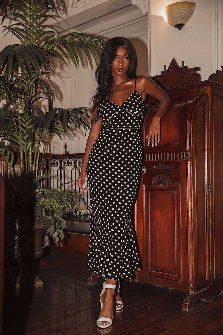 lulus polka dot midi dress Lovely Black Polka Dot Dress - Midi Dress - Long Sleeve Dress