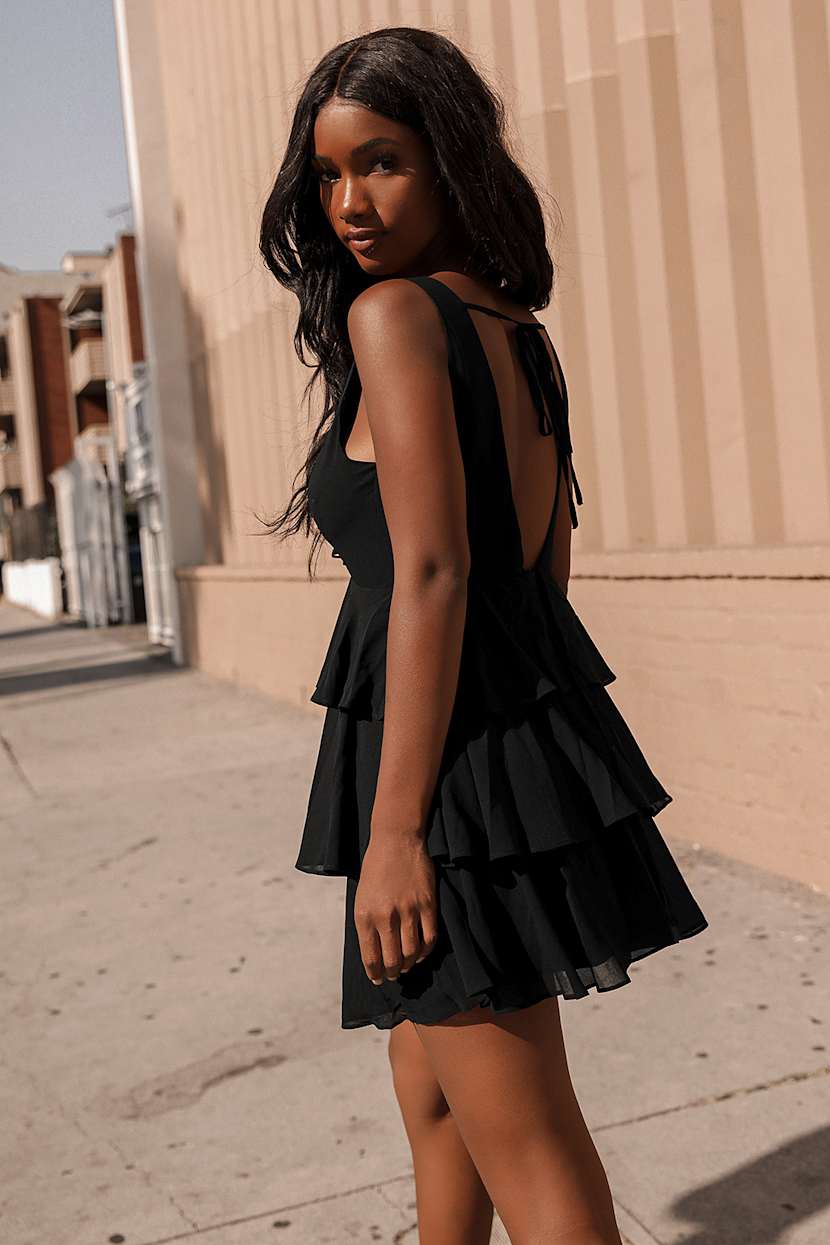 short black tiered dress Black Lace Tiered Puff-Sleeve Mini Dress