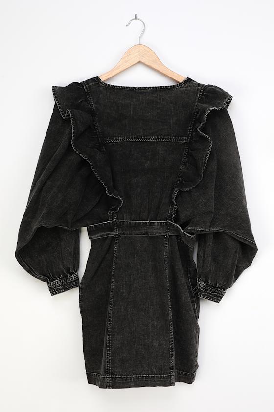 Imogene Washed Black Denim Ruffled Mini 