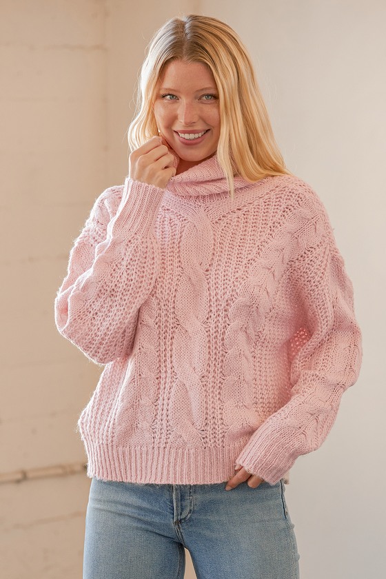 Rd Style Cowl Neck Light Pink Sweater Cable Knit