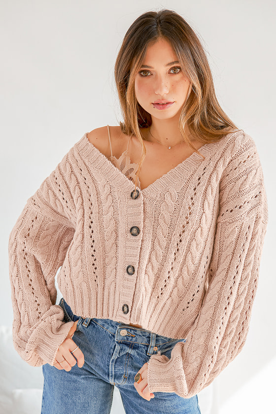 Cozy Companion Beige Cable Knit Balloon Sleeve Cardigan Sweater