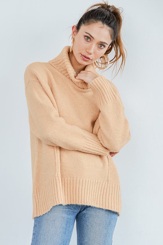 LUSH Beige Sweater Oversized Knit Sweater Turtleneck Top Lulus