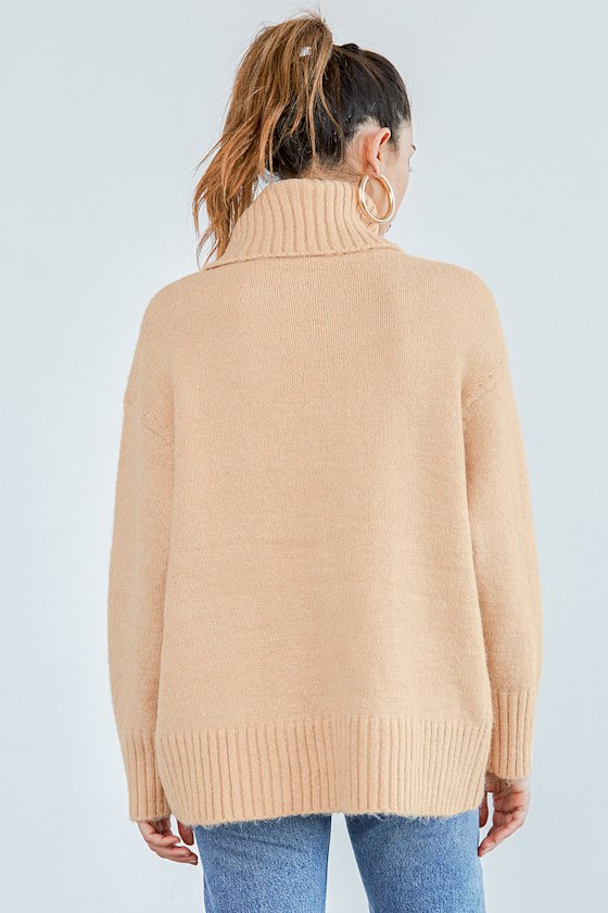 Truly Perfect Day Beige Knit Turtleneck Oversized Sweater 5