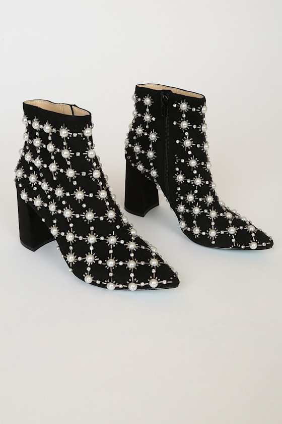 SB-Zoie Black Suede Pearl Pointed-Toe Ankle Booties 1