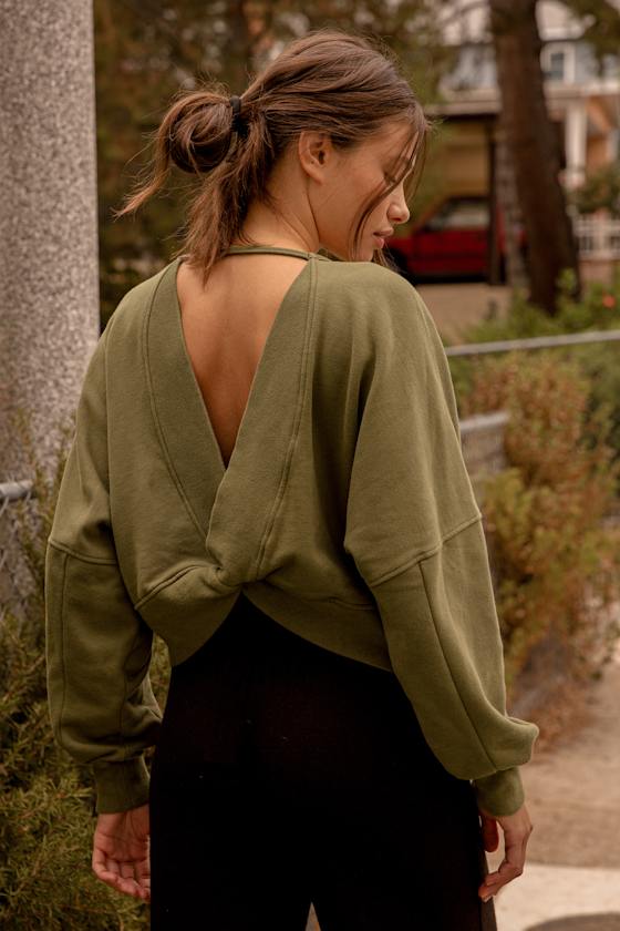 Twist Connection Olive Green Backless Cropped Sweater Top 8