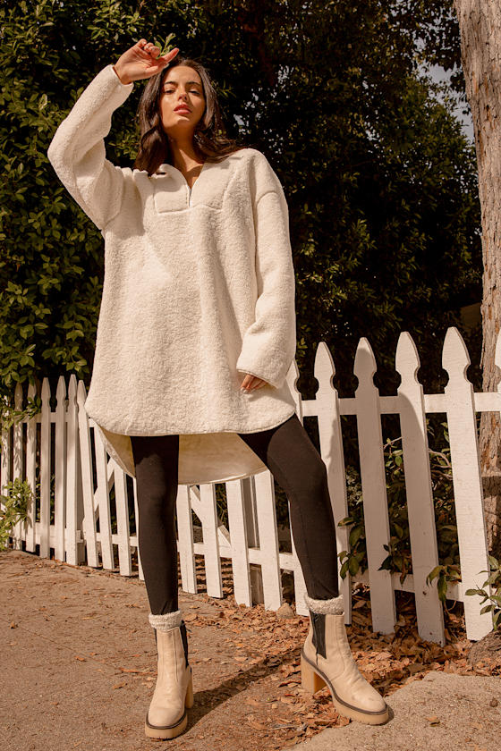 Let's Make It Cozy Cream Teddy Quarter Zip Hooded Tunic Jacket 5