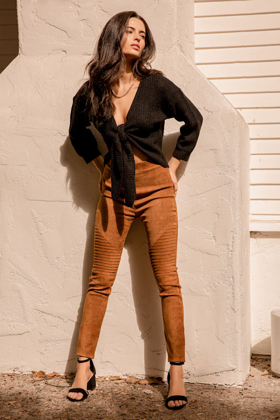 Watch Me Work Camel Brown Faux Suede Moto Leggings 1