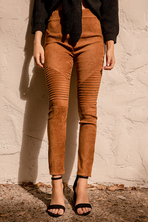 Watch Me Work Camel Brown Faux Suede Moto Leggings