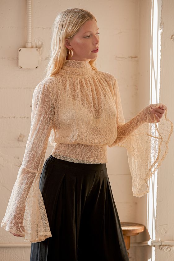Rule Breaker Beige Sheer Lace Turtleneck Flounce Sleeve Top 2