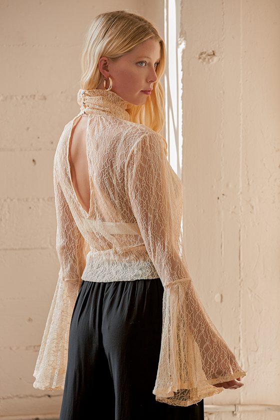 Rule Breaker Beige Sheer Lace Turtleneck Flounce Sleeve Top 3