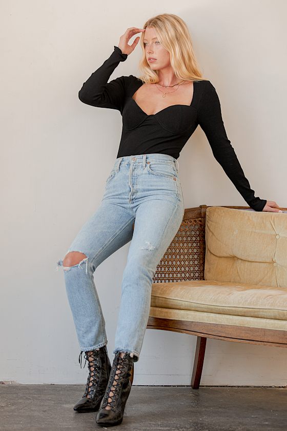 Keep Your Attention Black Ribbed Long Sleeve Bustier Bodysuit 4