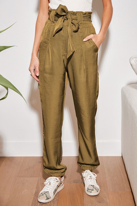 Kind of Casual Olive Green Belted Paperbag Waist Pants 6