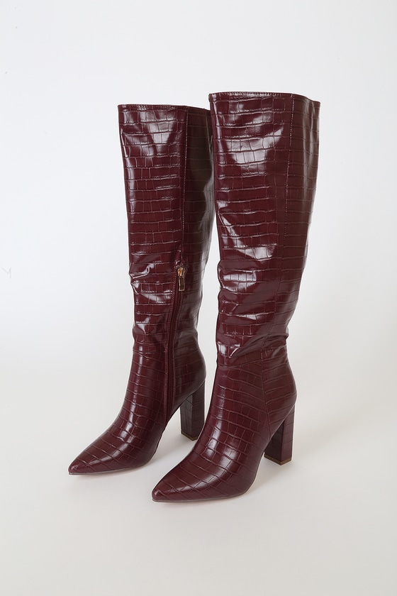 burgundy croc knee high boots