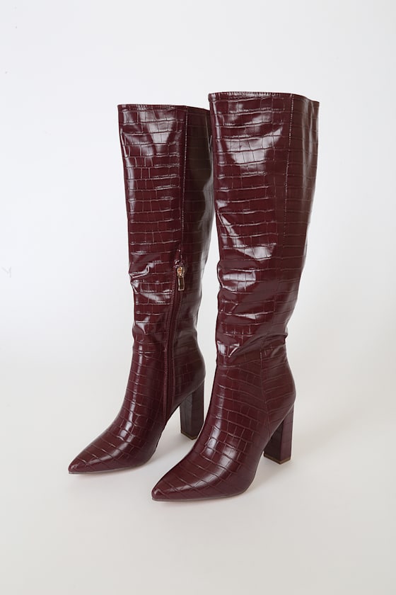 Shaun Burgundy Crocodile-Embossed Pointed-Toe Knee High Boots 2