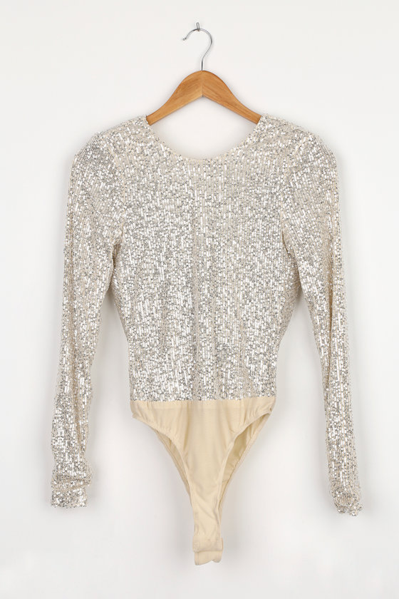 Shimmering Love Silver Sequin Cowl Back Bodysuit