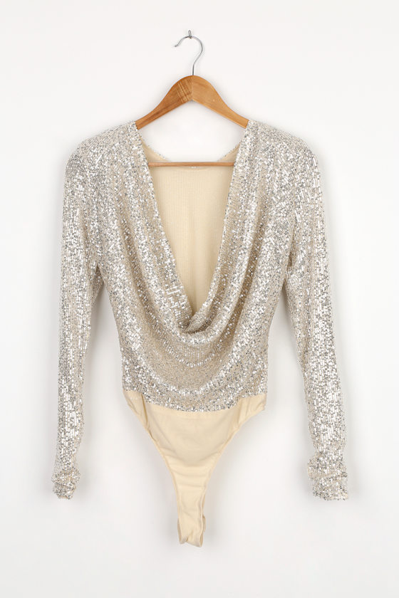 Shimmering Love Silver Sequin Cowl Back Bodysuit - thumbnail 6