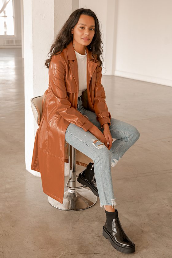 Weather Forecast Camel Patent Vegan Leather Belted Trench Coat 7
