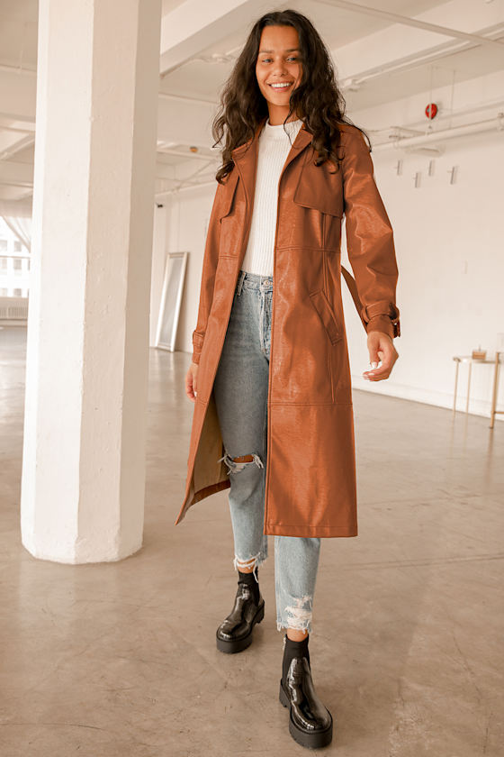 Weather Forecast Camel Patent Vegan Leather Belted Trench Coat 5