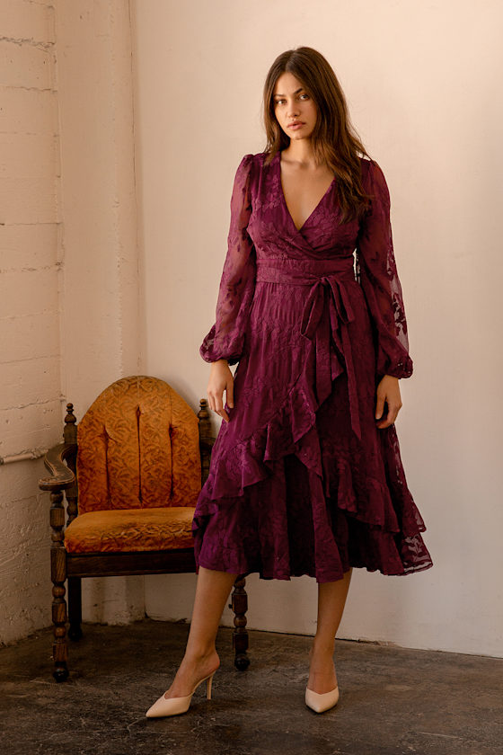 Burgundy Midi Dress Ruffled Midi Dress Embroidered Midi Dress Lulus