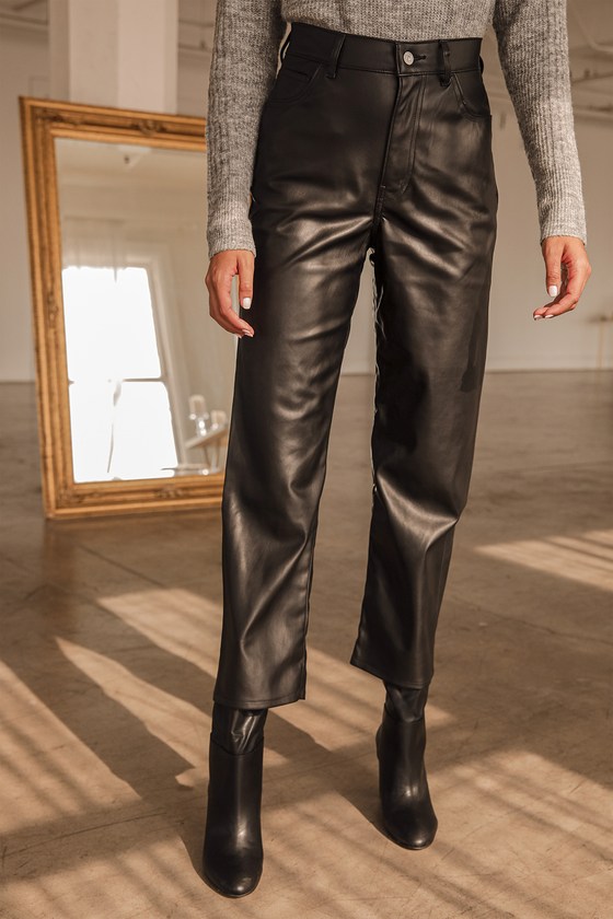 Elan Kyla Black Faux Leather Straight Leg Pants-Maria Vincent Boutique