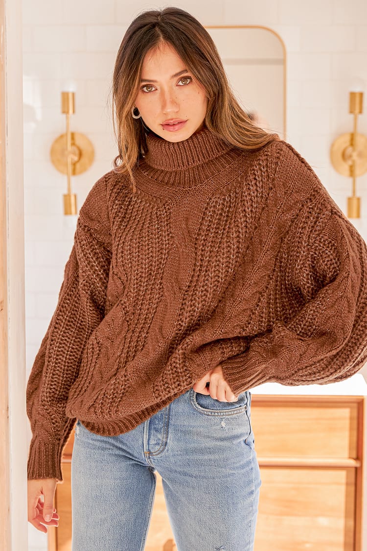 Heather Brown Sweater - Turtleneck Sweater - Chunky Knit Sweater - Lulus