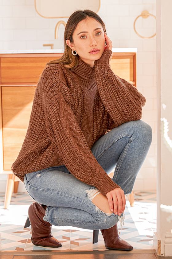 Heather Brown Sweater - Turtleneck Sweater - Chunky Knit Sweater