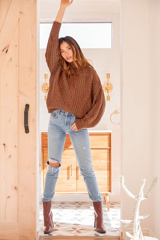 Heather Brown Sweater - Turtleneck Sweater - Chunky Knit Sweater