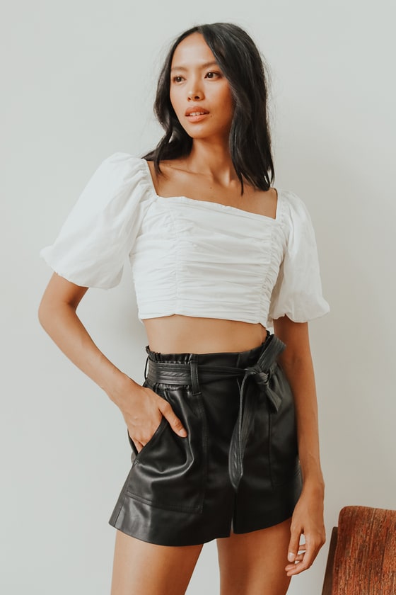 White Puff Sleeve Top - Puff Sleeve Crop Top - Trendy Ruched Top - Lulus