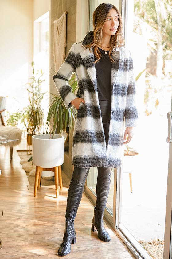Charlie Black and White Plaid Brushed Wool Coat 1