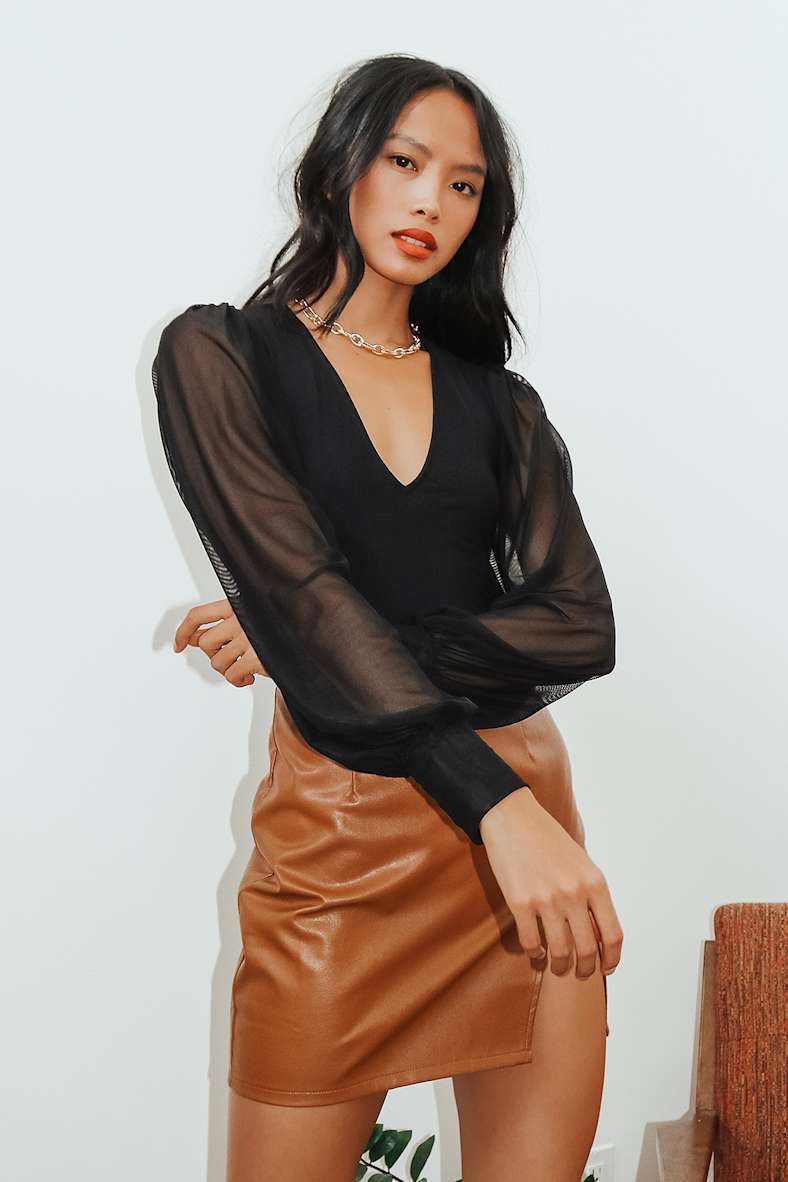 About It Black Mesh Long Sleeve Bodysuit