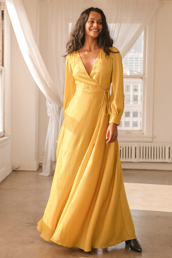 Have Faith Yellow Satin Button Sleeve Wrap Maxi Dress 1