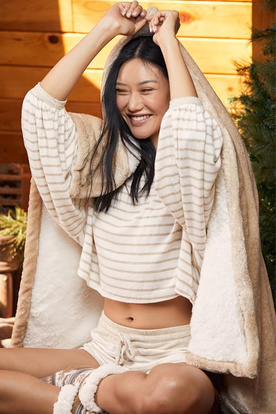 Cozy White and Beige Striped Sweater - 2-Piece Set - Cropped Top - Lulus