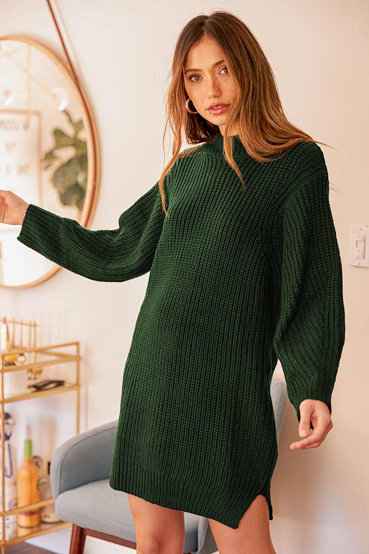 Dark Green Dress - Ribbed Sweater Dress - Knit Mock Neck Dress - Lulus