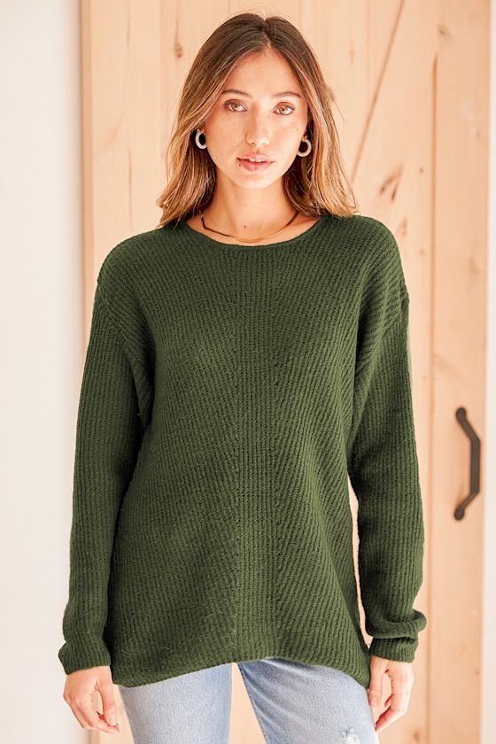 Olive Green Sweater Tunic Top Pointelle Sweater Lulus