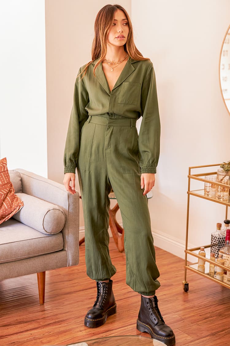 Completely Cool Olive Green Long Sleeve Utility Jumpsuit