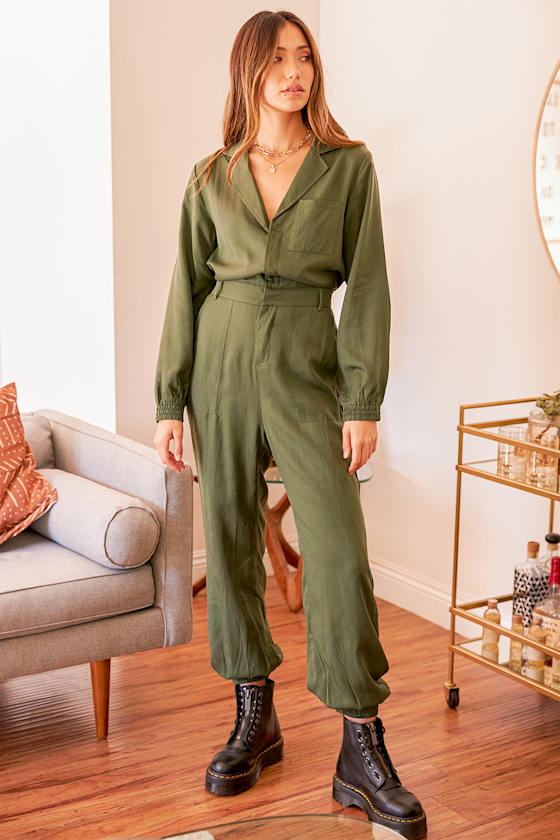 Completely Cool Olive Green Long Sleeve Utility Jumpsuit 1