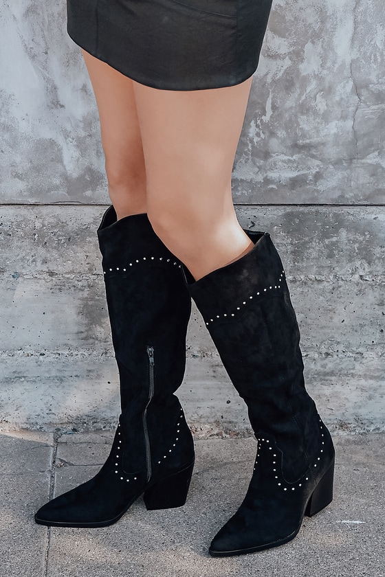Black Suede Boots - Pointed-Toe Boots - Studded Knee High Boots - Lulus