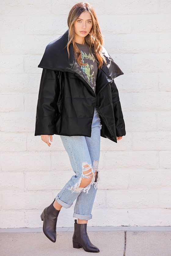 Runway Strut Black Vegan Leather Oversized Wrap Puffer Jacket 5