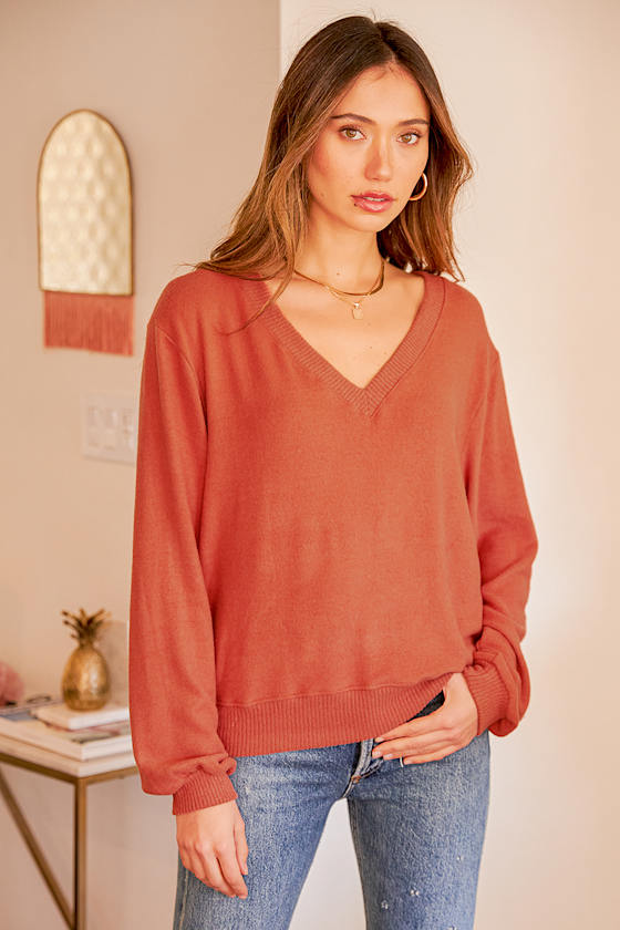 Mood for Comfort Burnt Orange V-Neck Sweater Top 4