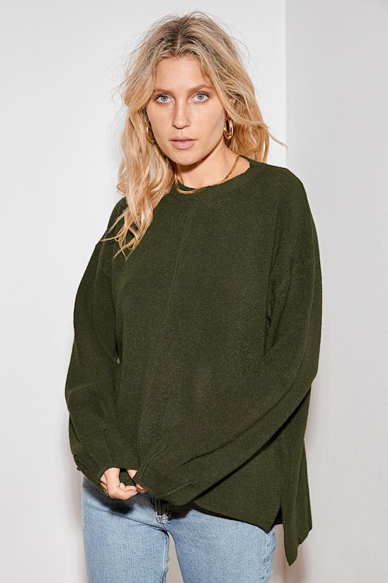 Olive Green Sweater Knit Oversized Sweater Drop Shoulder Top Lulus