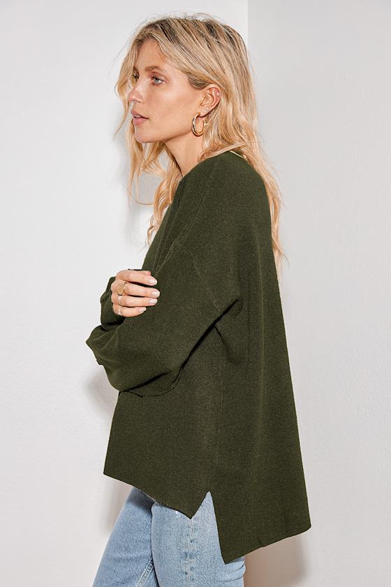 Olive Green Sweater - Knit Oversized Sweater - Drop Shoulder