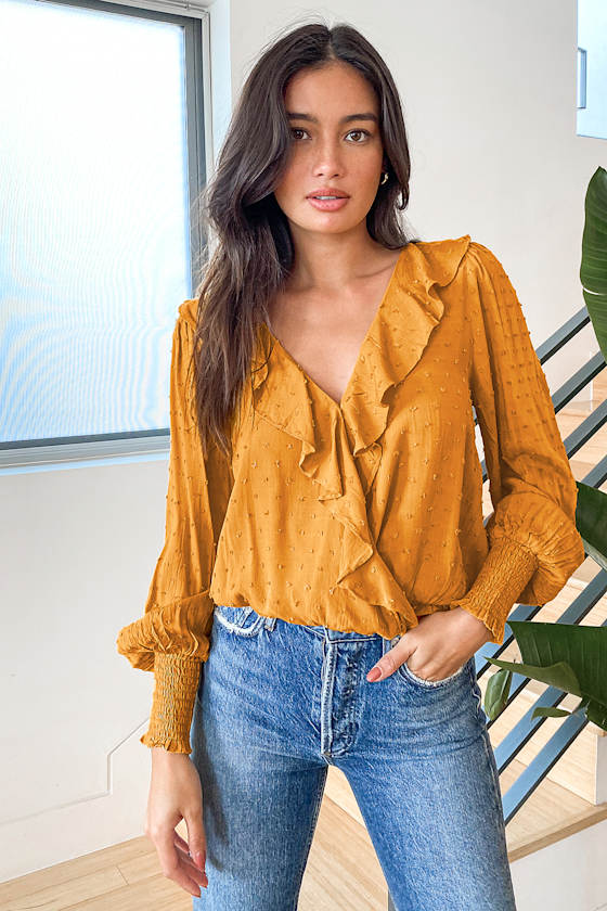 Mustard Yellow Top Long Sleeve Top Ruffled Long Sleeve Top Lulus