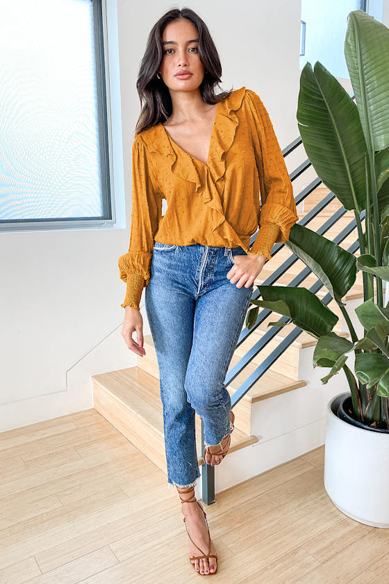 Mustard Yellow Top Long Sleeve Top Ruffled Long Sleeve Top Lulus